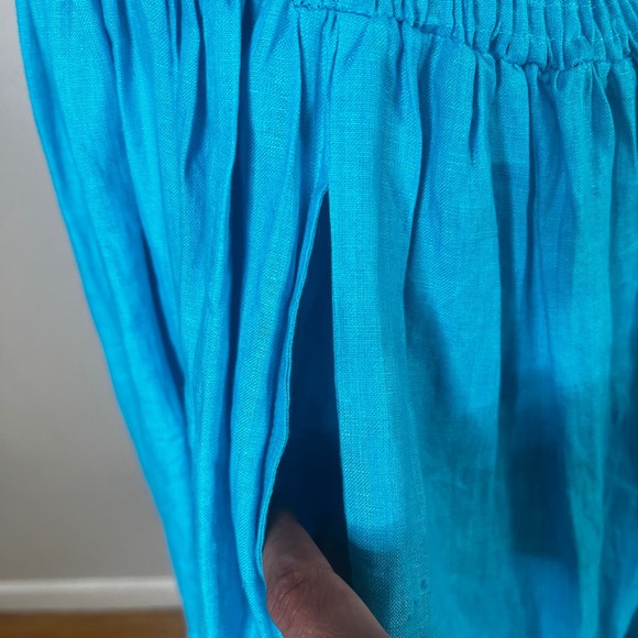 Mille Resort Mini Dress Smocked Turquoise Blue Linen Dress Ruffle Sleeves Size S - Picture 5 of 14